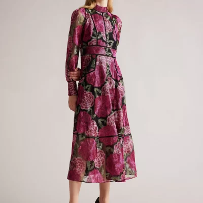 Ted Baker Auubrey High Neck Midi Dress, Deep-Pink