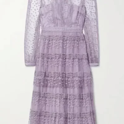 Self Portrait Lilac Tiered Lace Midi Dress,